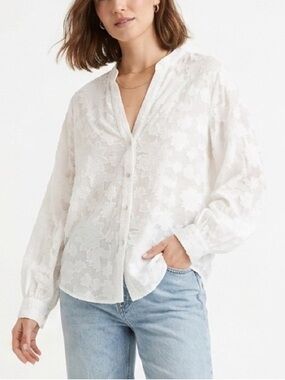 Zara White Sheer Floral Jacquard Button-Up Blouse 263 work travel trendy party